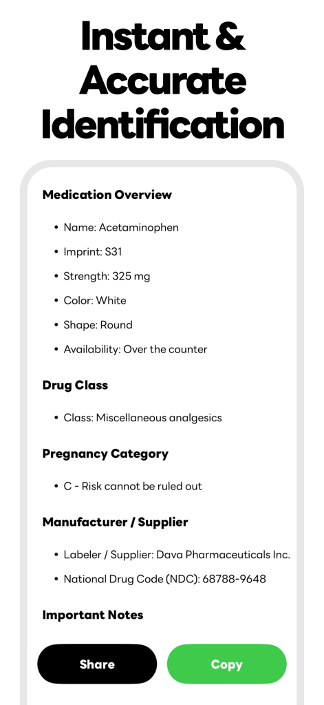 Tela de relatório de medicamentos detalhado exibindo resultados de identificação para uma pílula