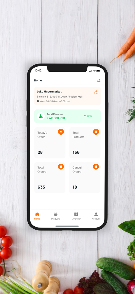 Karrot Partner - Panel de control del comerciante de la aplicación Karrot Partner mostrando ingresos por ventas y métricas de pedidos para un negocio de comestibles