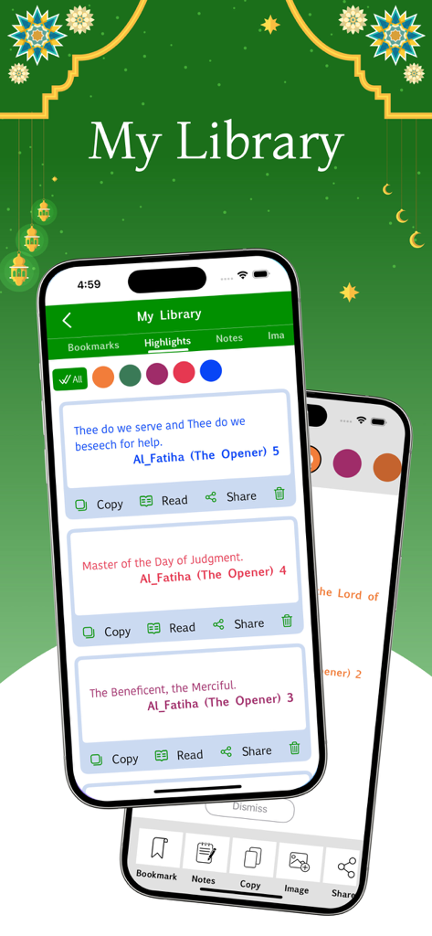 Al Quran - Read Qur'an Offline - Al Quran mobile app interface showing the My Library section with highlighted verses and bookmarks