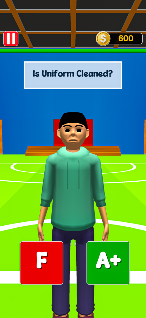 Paper Pass Fail Teacher Game - 3D teacher simulator game screen showing a student being graded on their uniform