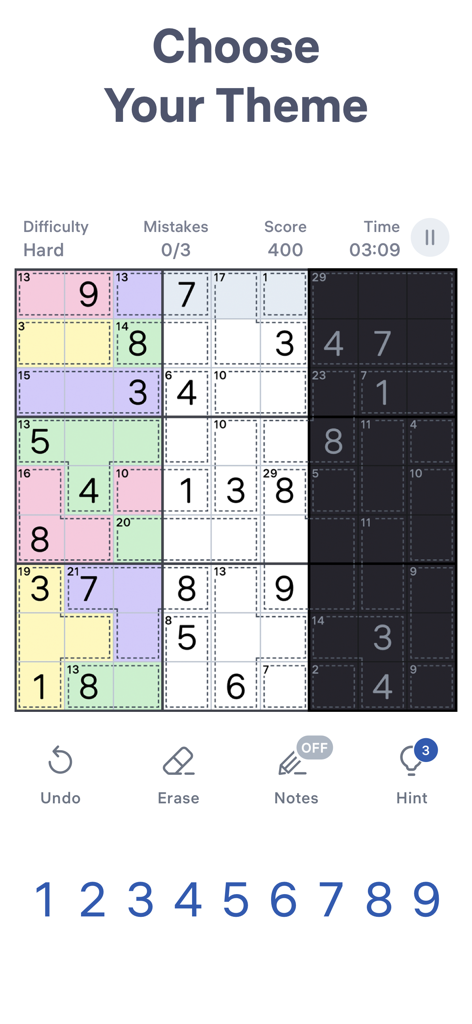 Interfaccia del gioco mobile Killer Sudoku che mostra temi di puzzle personalizzabili e griglia logica