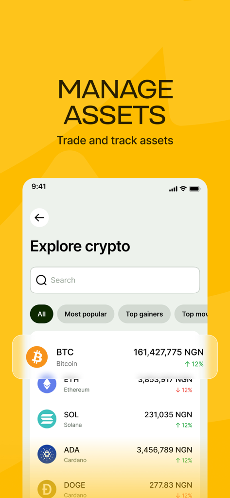 Busha: Trade BTC, ETH, SHIB - Interface de l'application mobile Busha pour suivre et gérer les actifs de cryptomonnaies avec les prix en Naira nigérian.