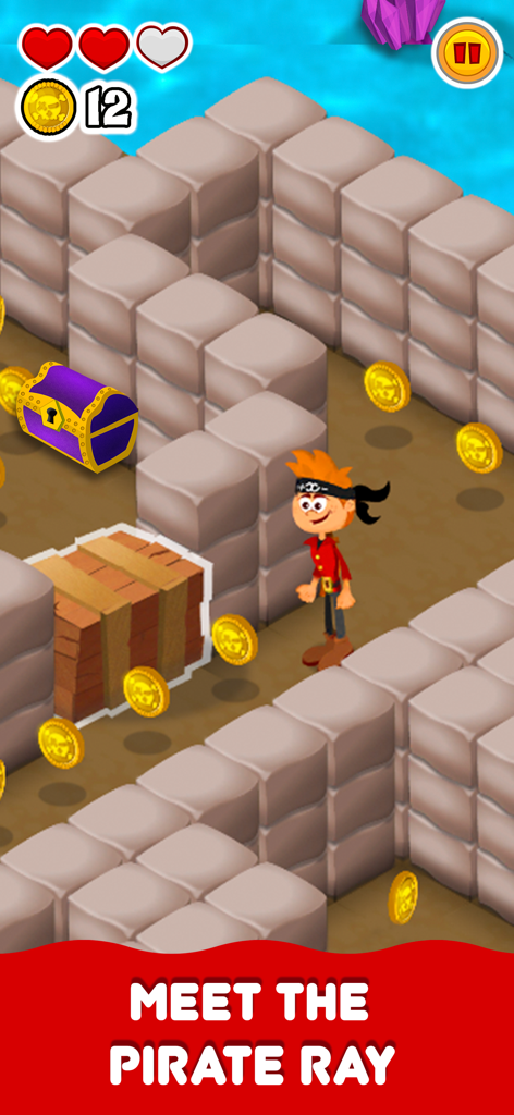 Math Land: Addition Games Kids - Pirate Ray character exploring a maze with a treasure chest and coins in Math Land
