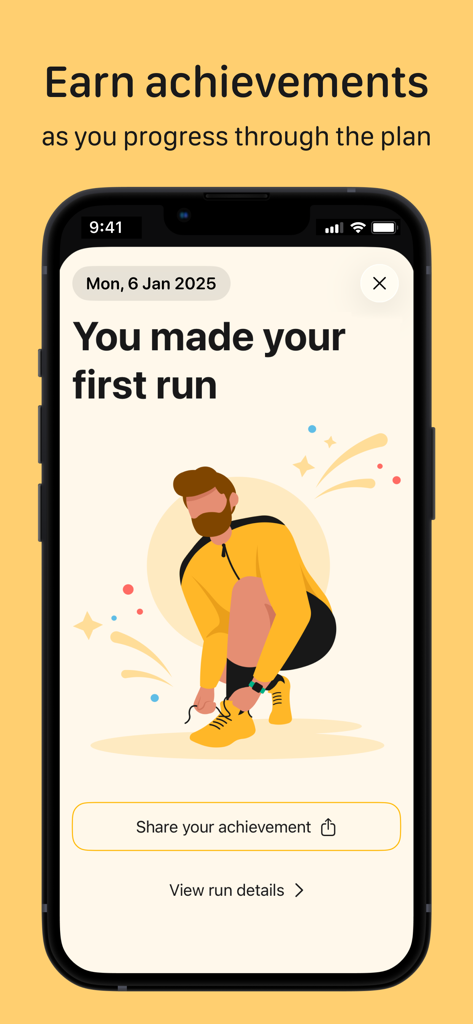 Watch to 5K－Couch to 5km plan - Pantalla de la aplicación móvil Watch to 5K celebrando la finalización de un logro de primera carrera con una ilustración de un corredor.