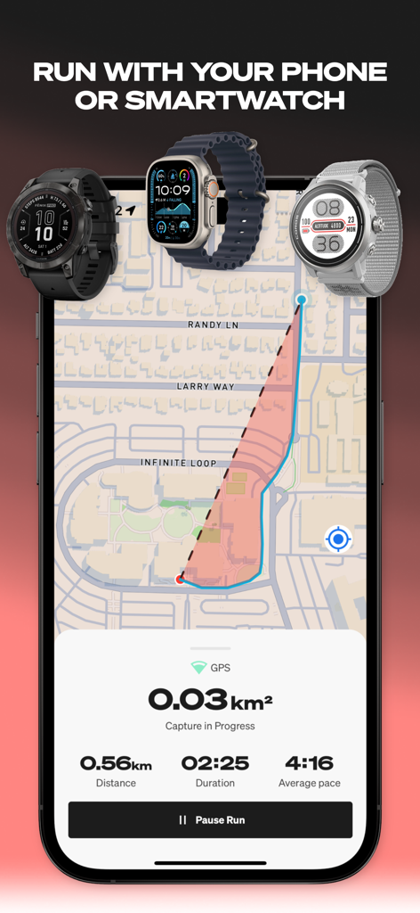 A smartphone and three smartwatches displaying the INTVL territory capture running game interface.