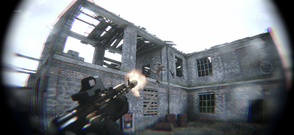 First-person bodycam perspective of a tactical shooter game showing intense combat in a ruined urban environment.