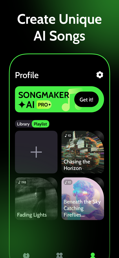 User profile page in SongMaker AI app featuring a music library with generated tracks