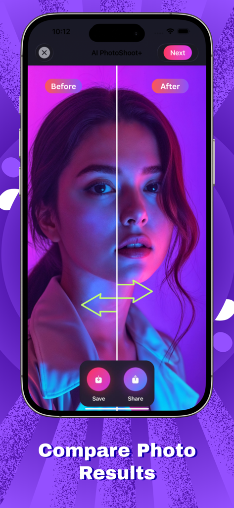 AI PhotoShot+ - A side-by-side before and after comparison of a portrait photo using professional AI filters in the AI PhotoShot plus app.