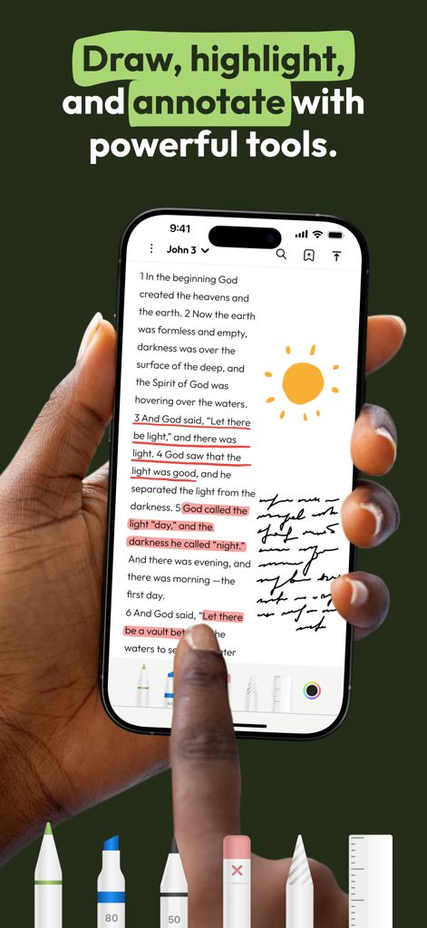 Pencil Bible: Bible Notes App - A person holding an iPhone using the Pencil Bible app to highlight and draw handwritten notes on scripture text.