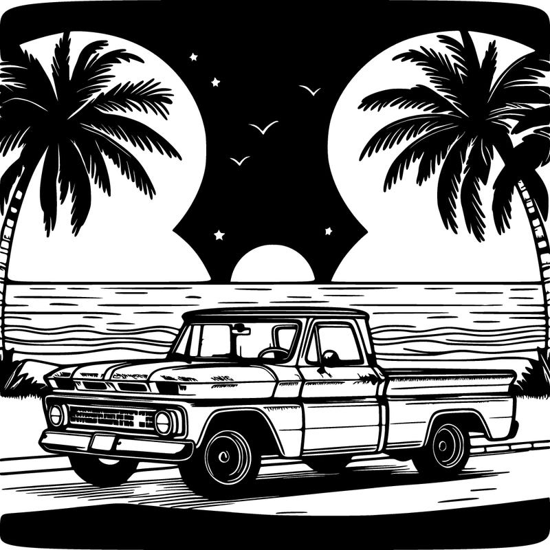 1966 chevrolet c10 pickup truck parked on beach road at sunset with palm trees and ocean waves in background