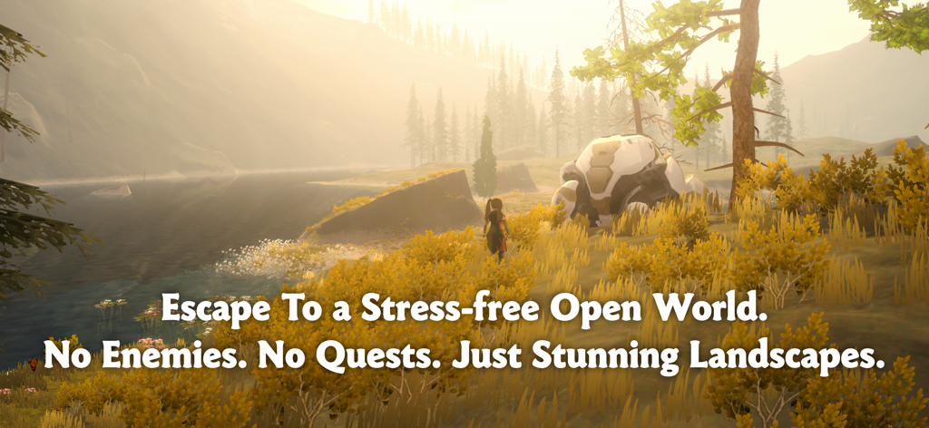A character exploring a serene open world landscape at sunset in the game Wilderless