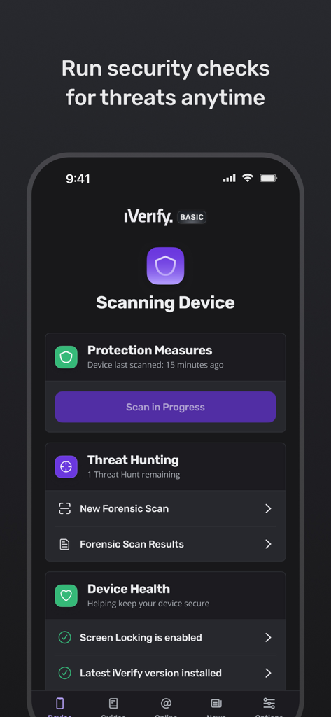 iVerify Basic - Interfaz de la aplicación móvil iVerify Basic realizando un escaneo de seguridad y detección de amenazas.