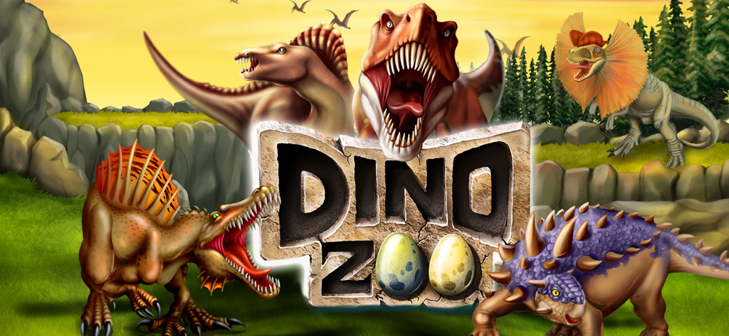 Dinosaur Zoo-The Jurassic game - Logotipo del juego Dino Zoo con un T-Rex rugiente y varios dinosaurios prehistóricos