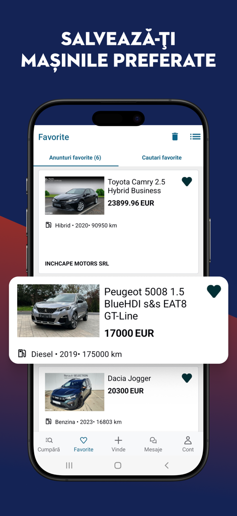 Autovit.ro:  Car Marketplace - Autovit.ro mobile app showing a list of saved favorite car advertisements