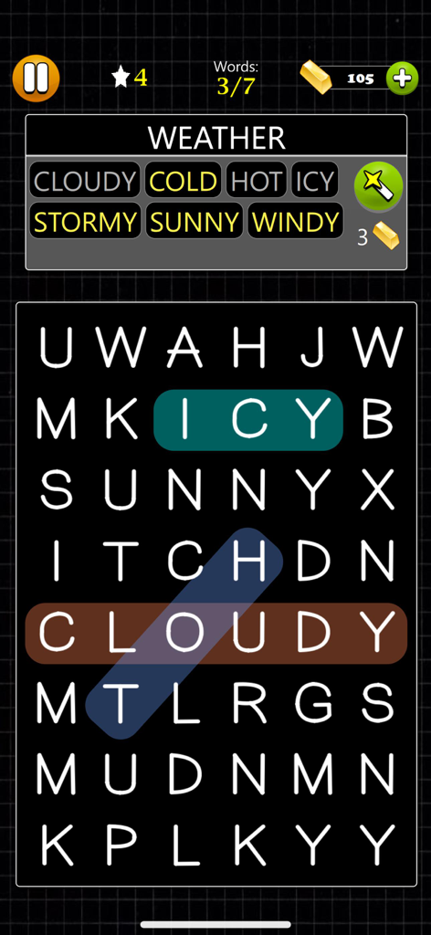 Word Search - Word Game - 날씨 테마 단어가 다크 모드로 표시되는 단어 검색 게임 플레이 화면.
