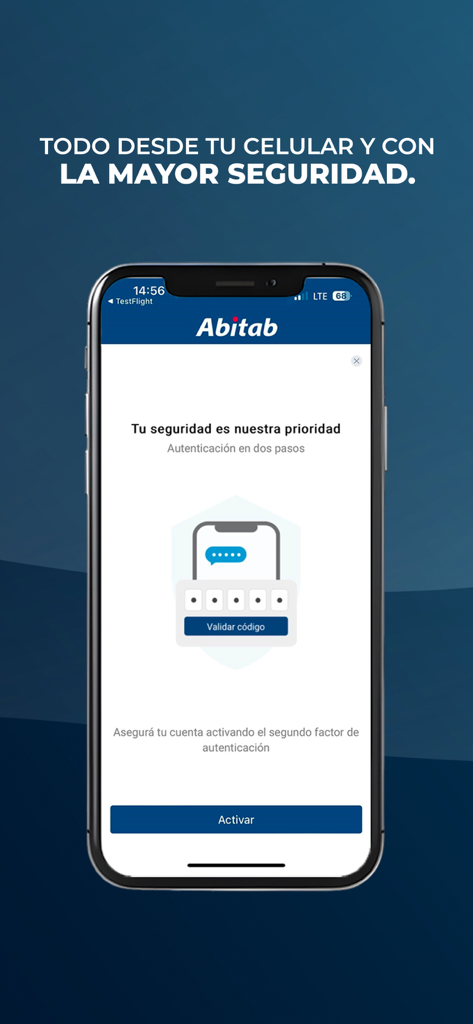 Abitab mobile app security screen for two-step authentication activation
