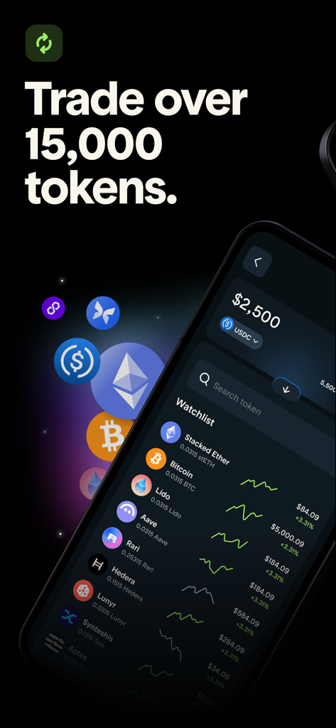 Tuyo: Speed up your money - Mobile screen of Tuyo app displaying a cryptocurrency watchlist and the text Trade over 15,000 tokens