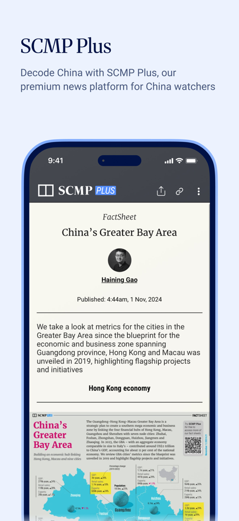 South China Morning Post: News - Smartphone screen displaying SCMP Plus premium news platform with China analysis and factsheets.