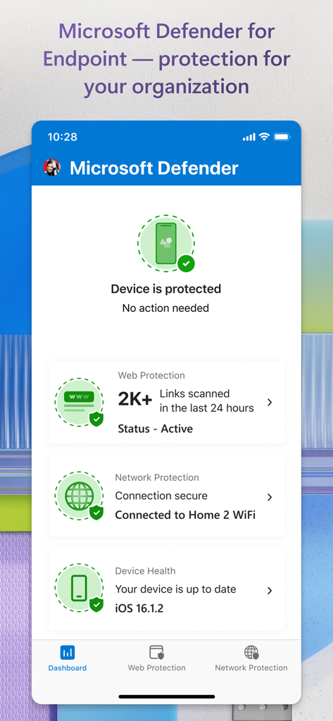 Microsoft Defender app dashboard showing protected status and web security monitoring