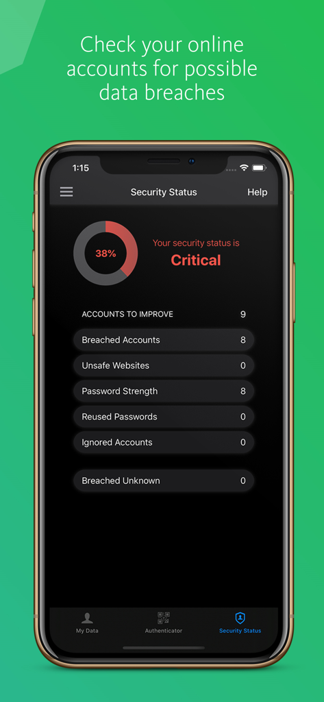 Avira Password Manager App zeigt ein Sicherheitsstatus-Dashboard mit Datenleckwarnungen und einer Analyse der Passwortstärke auf einem iPhone.