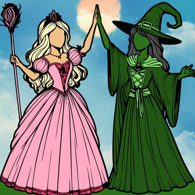 detailed realistic split of a princess and a witch
