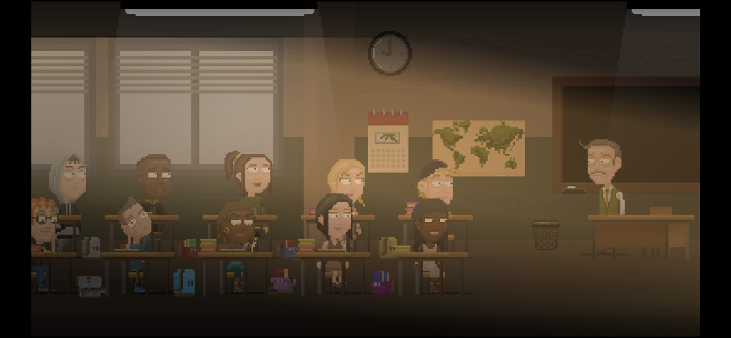 Moth Lake - Um grupo de estudantes adolescentes em uma sala de aula em pixel art do jogo Moth Lake