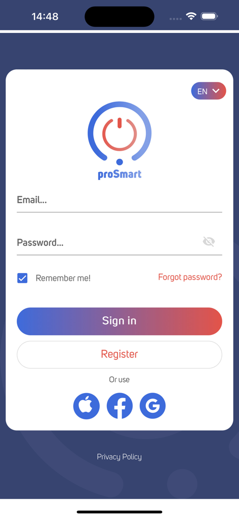 Die Anmeldeschnittstelle der proSmart Smart-Home-App mit E-Mail- und Passwortfeldern sowie Social-Login-Schaltflächen.