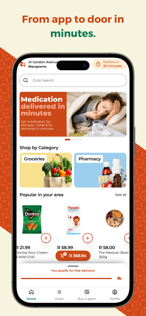 Zulzi mobile app home screen showing grocery and pharmacy delivery categories