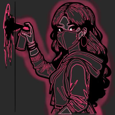 realistic girl with mask spray painting a wall