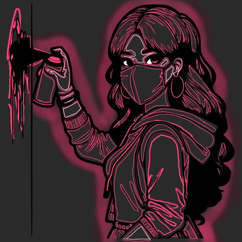 realistic girl with mask spray painting a wall