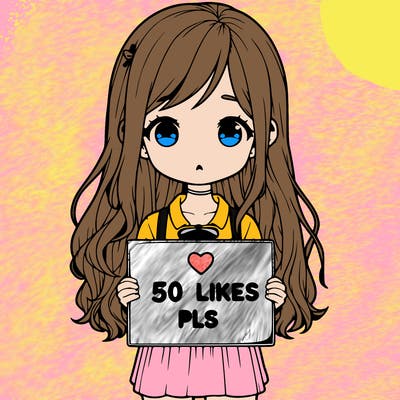 a realistic girlbwith her hair out sayingholding a sign saying" 50 likes pls "