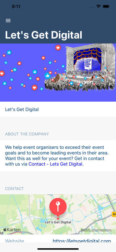 Company profile screen for Let's Get Digital within the FI-TS Events app showing about information and a contact map