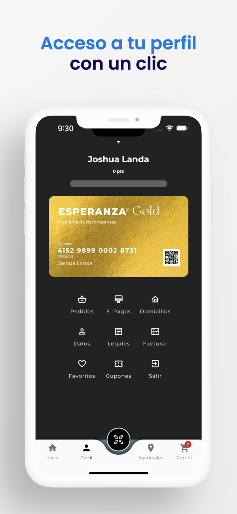 Pantalla de perfil de usuario de la aplicación Pastelerías Esperanza con una tarjeta de fidelidad digital de oro