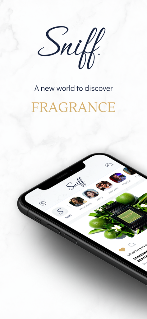 Sniff. - Sniff mobile app interface showing fragrance social feed and community stories