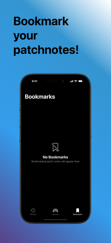 Interface of the PatchUp app showing the bookmarks section for game patch notes