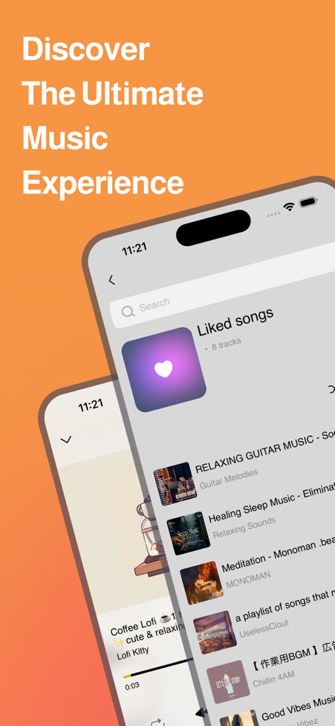 Muzi X - Music Video Streaming - iPhone screen displaying the Muzi X music video streaming app interface with a list of liked songs and curated playlists.