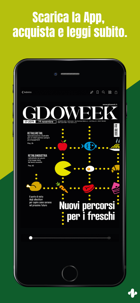 Gdoweek digital magazine app interface showing a retail industry publication cover with food-themed graphics.