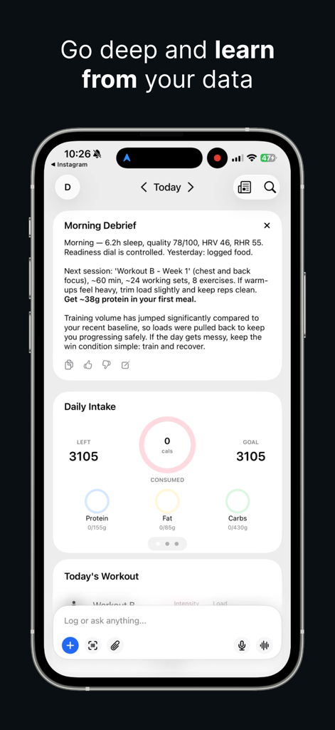 Metryc AI app dashboard featuring a personalized morning debrief and daily calorie intake tracking