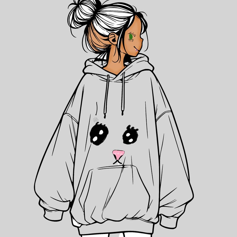 realistic girl with a oversized sweatshirt on and a bun