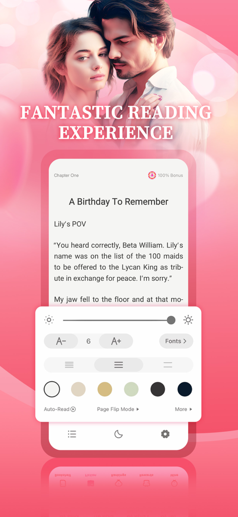 Interfaccia dell'app NovelsReader che visualizza un romanzo romance e impostazioni di lettura come dimensione del carattere e temi di colore