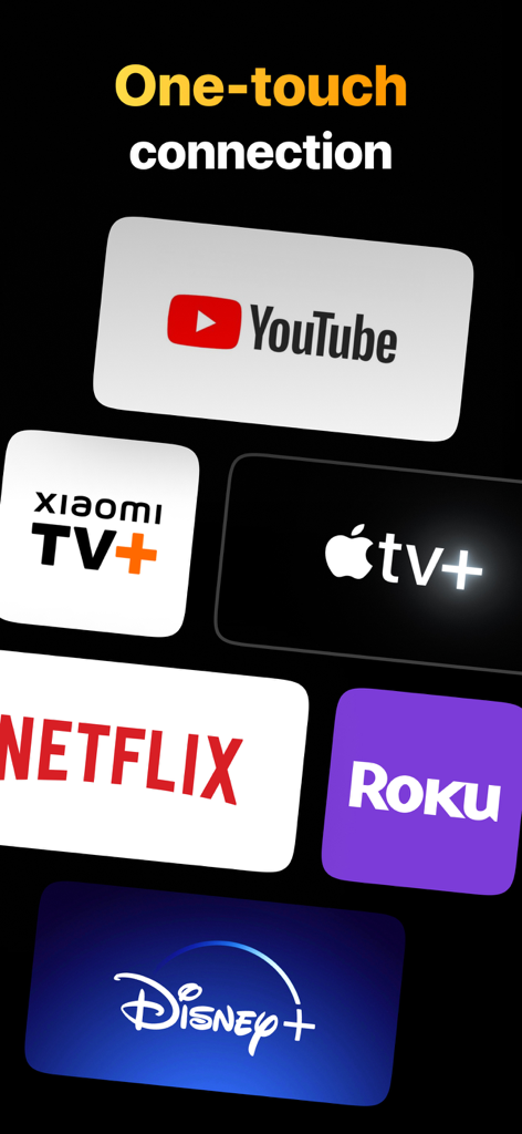 Streaming service logos including Netflix, YouTube and Disney Plus with One-touch connection text