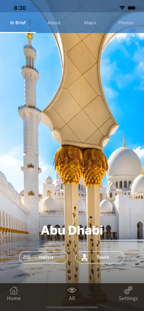 셰이크 자이드 그랜드 모스크 사진과 호텔 및 투어 버튼이 있는 아부다비 여행 가이드 앱 홈 화면