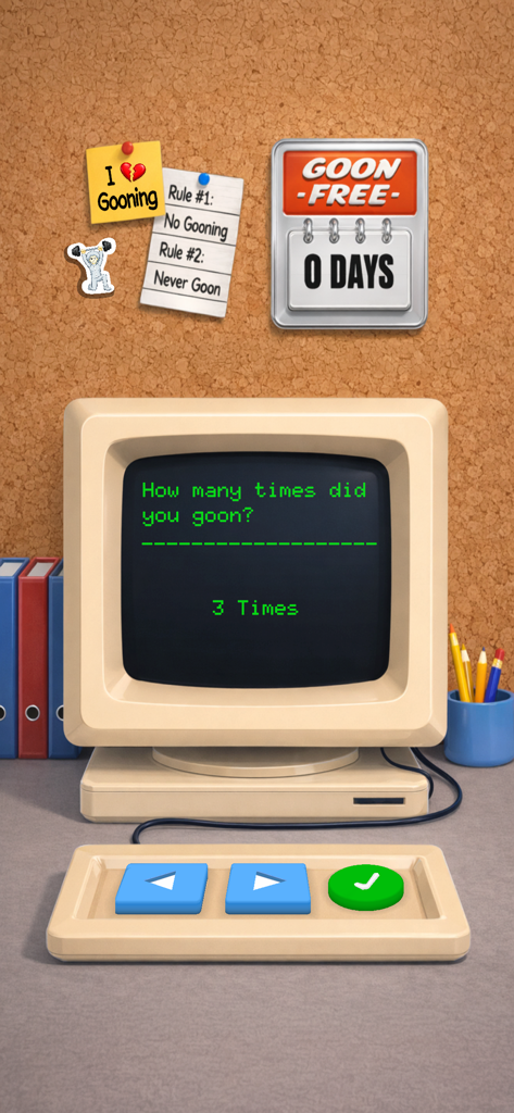 Anti-Goon: Quit Gooning - Une interface informatique rétro dans l'application Anti-Goon montrant un écran de suivi de la dépendance sur un bureau virtuel avec un tableau en liège.