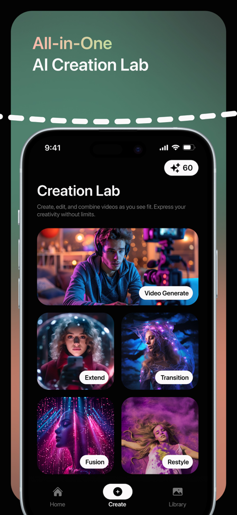 Lyma AI: Video Generator. - Lyma AI app Creation Lab interface showing video generation and editing options like Extend and Restyle