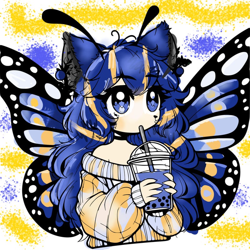 a realistic butterfly/furry girl drinking boba