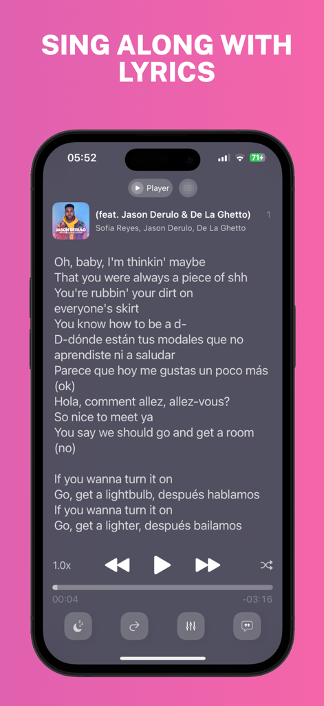Musiq: Offline Music Player - Musiq music player app displaying song lyrics on an iPhone screen