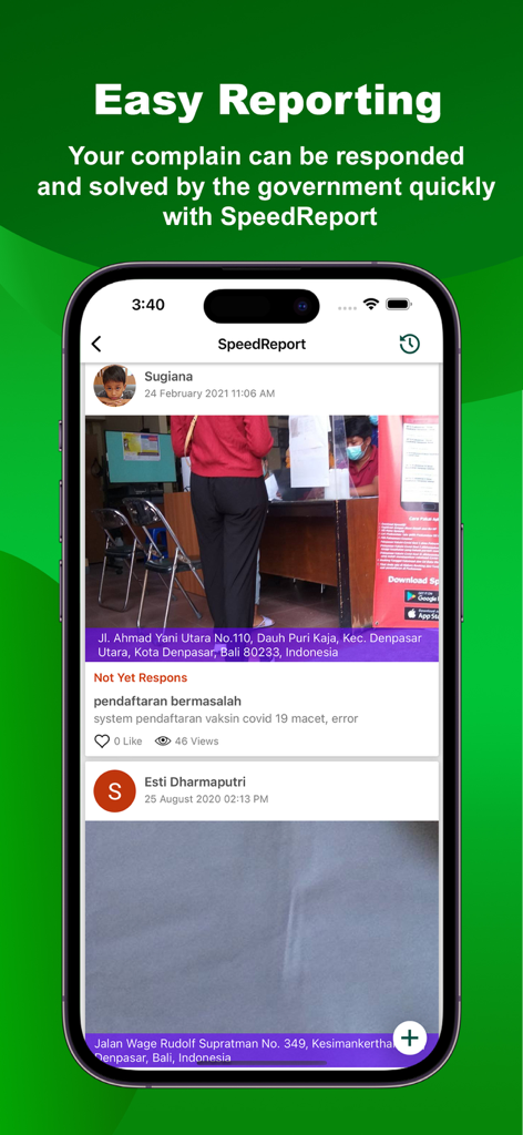 SpeedID - SpeedID app interface showing the SpeedReport feature for submitting urban complaints to the government