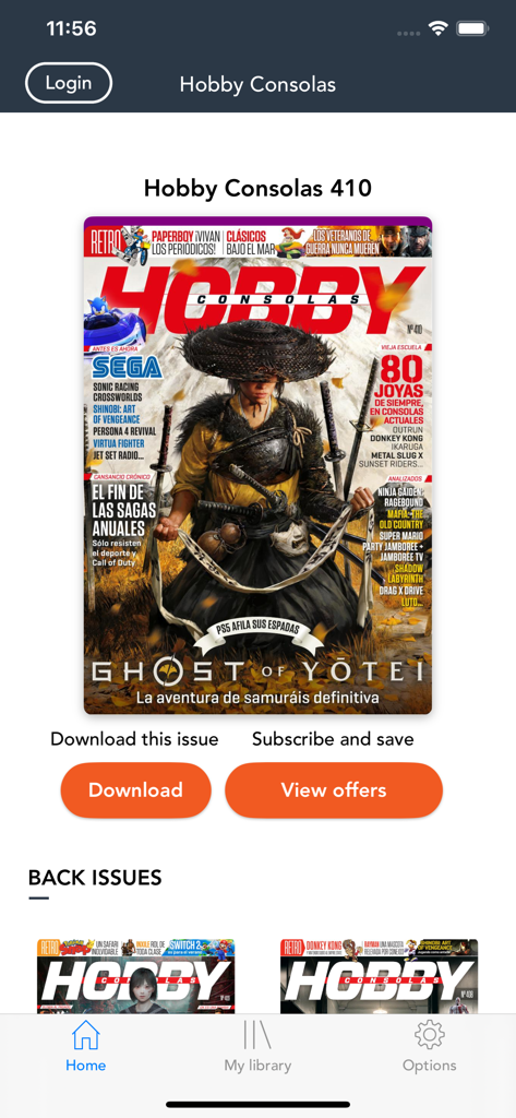 Interfaz digital de la aplicación de la revista Hobby Consolas con portada de Ghost of Yotei