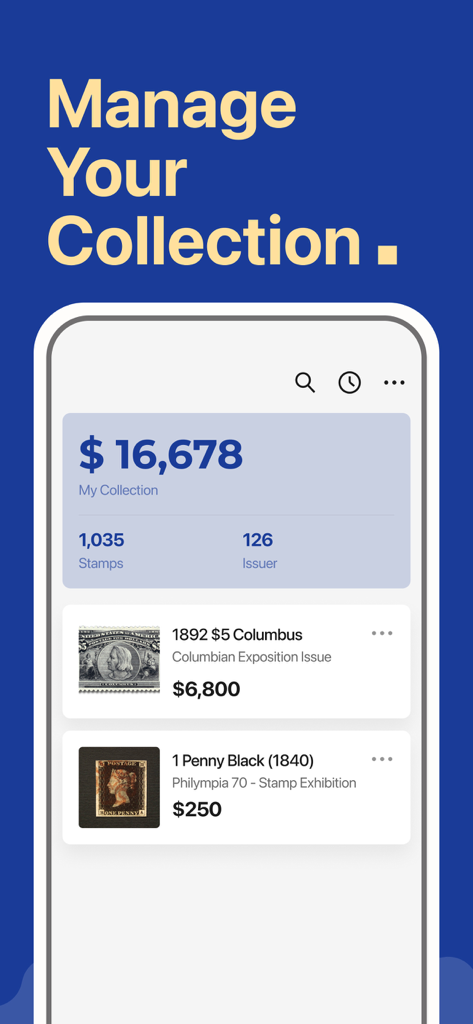 Interface de gerenciamento de coleção de selos digitais no aplicativo PhilSnap mostrando o valor total do portfólio e detalhes de selos individuais.