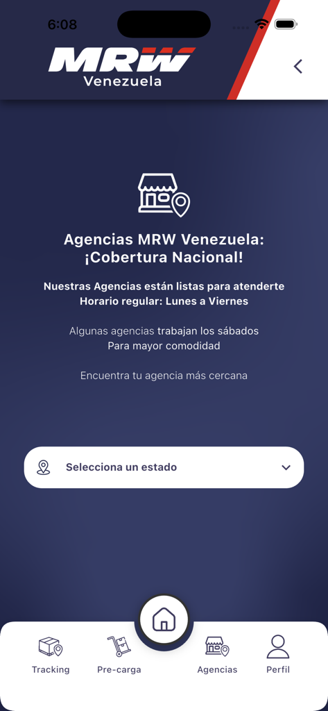 MRW Movil app screen showing the branch locator for shipping agencies in Venezuela with a state selection dropdown